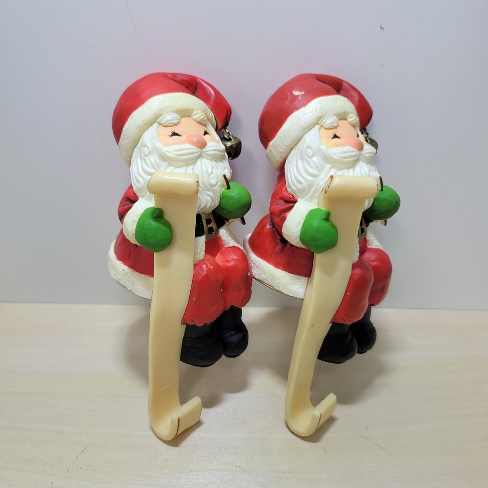 Vintage Santa Stocking Hangers Christmas Decor Figurines Set of 2 Bells‎